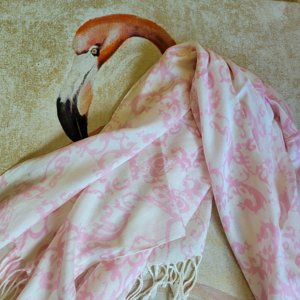 3/$25 Scarf Long Scroll Print Fringe Prink Cream 29" x 72" Soft Feminine